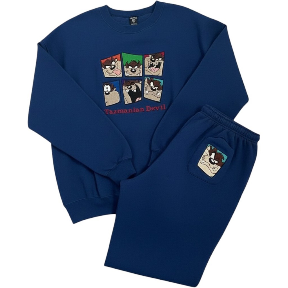 Vintage Warner Bros Tazmanian Devil Embroidered Sweatsuit Set XXL Navy 90s
